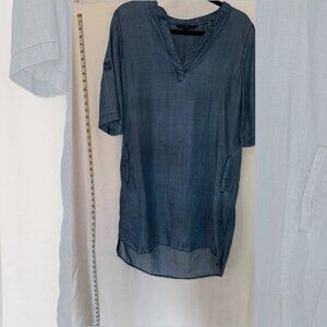 Velver Heart Womens Medium Relaxed Fit Roll Tab Sleeve V-Neck Tunic Dress Blue